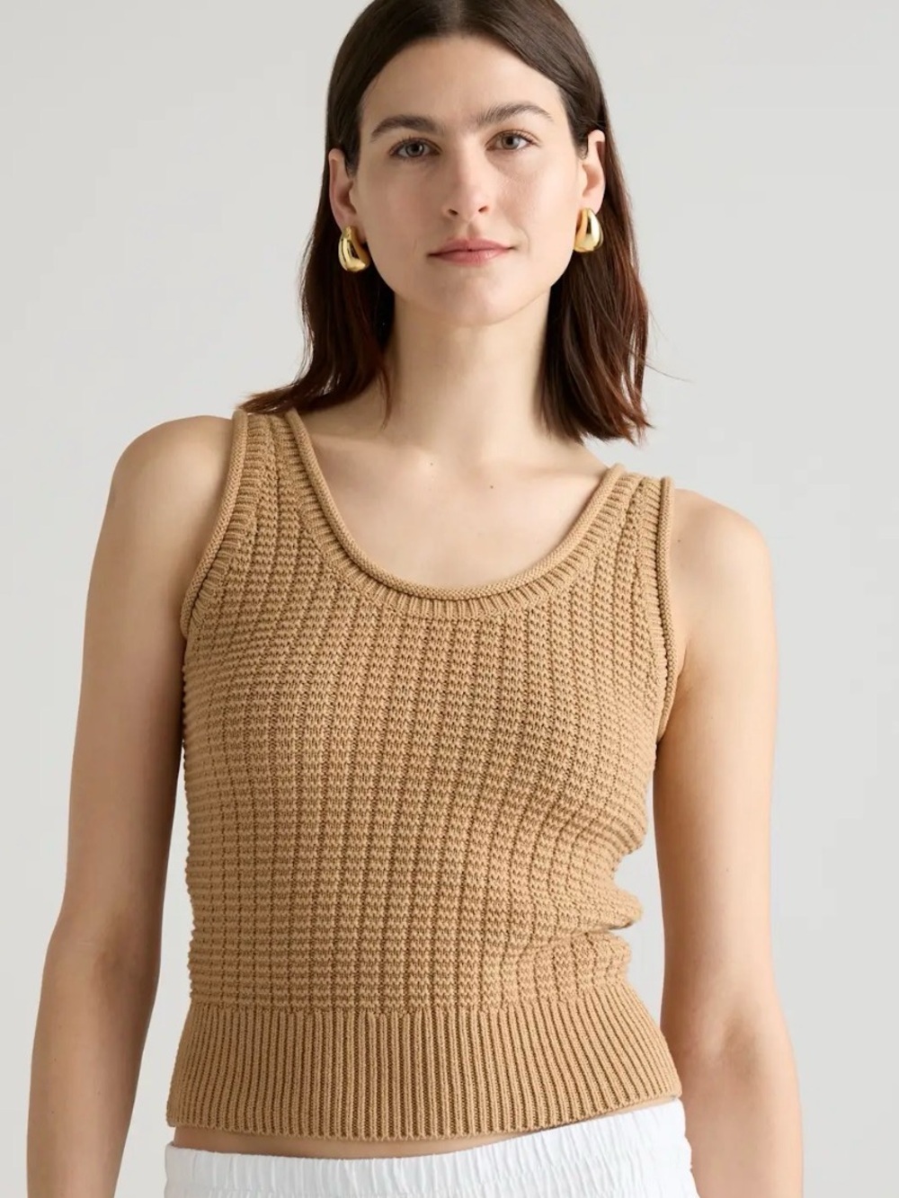 Quince 100% Organic Cotton Waffle Cropped Sweater Tank Camel Small
